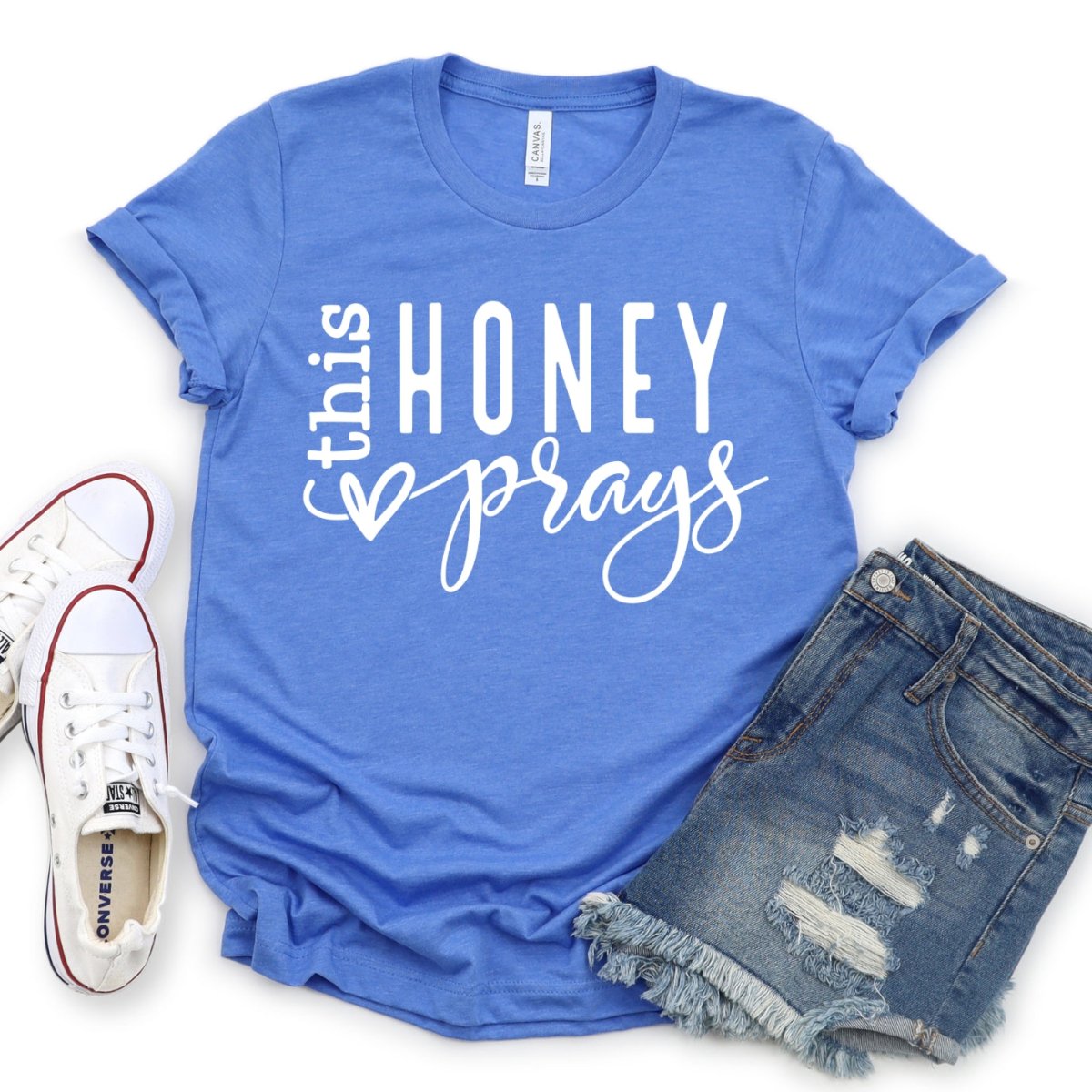 Unique Birthday Shirt - This Honey Prays Womens Custom Tee - Bliss Birthday Shirts - Heather Columbia Blue - S