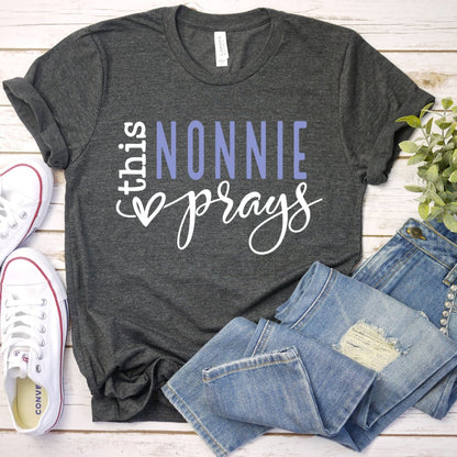 Unique Birthday Shirts - This Nonnie Prays Womens T - Shirt - Bliss Birthday Shirts - Dark Grey Heather - S