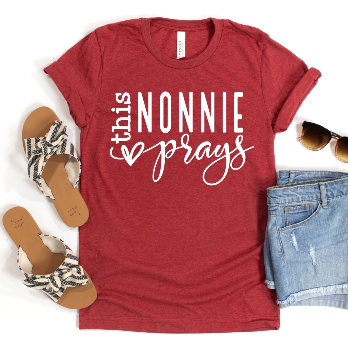 Unique Birthday Shirts - This Nonnie Prays Womens T - Shirt - Bliss Birthday Shirts - Heather Red - S