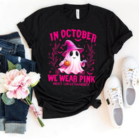 Unique October Pink Ghost Shirt – Perfect for Breast Cancer Awareness - Bliss Birthday Shirts - Black - S