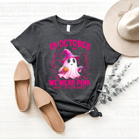 Unique October Pink Ghost Shirt – Perfect for Breast Cancer Awareness - Bliss Birthday Shirts - Heather Dark Grey - S