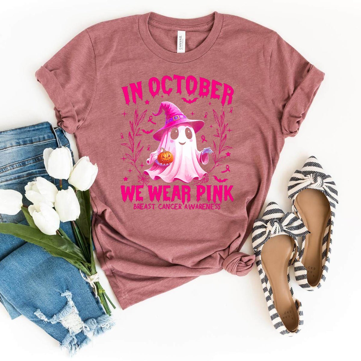 Unique October Pink Ghost Shirt – Perfect for Breast Cancer Awareness - Bliss Birthday Shirts - Heather Mauve - S