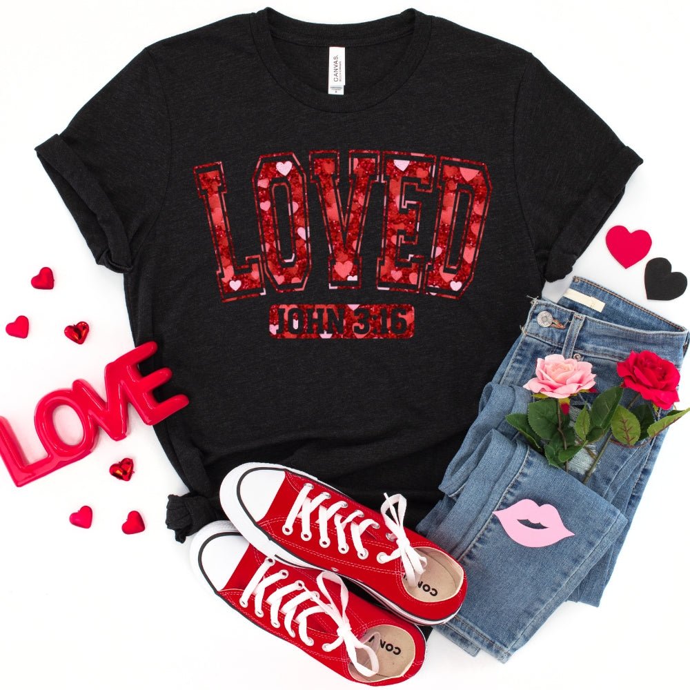 Valentine Loved John 3:16 Womens T - Shirt - Inspirational Couple Shirt - Bliss Birthday Shirts - Black Heather - S