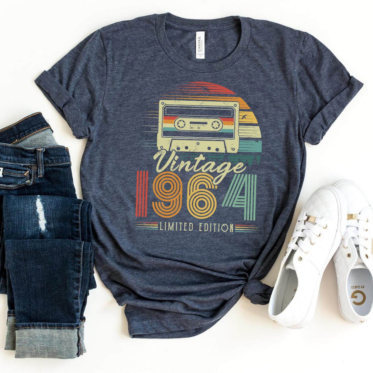 Vintage 1964 Cassette Tape 60th Shirt – Classic 60th Birthday Gift Idea - Bliss Birthday Shirts - Heather Navy - S