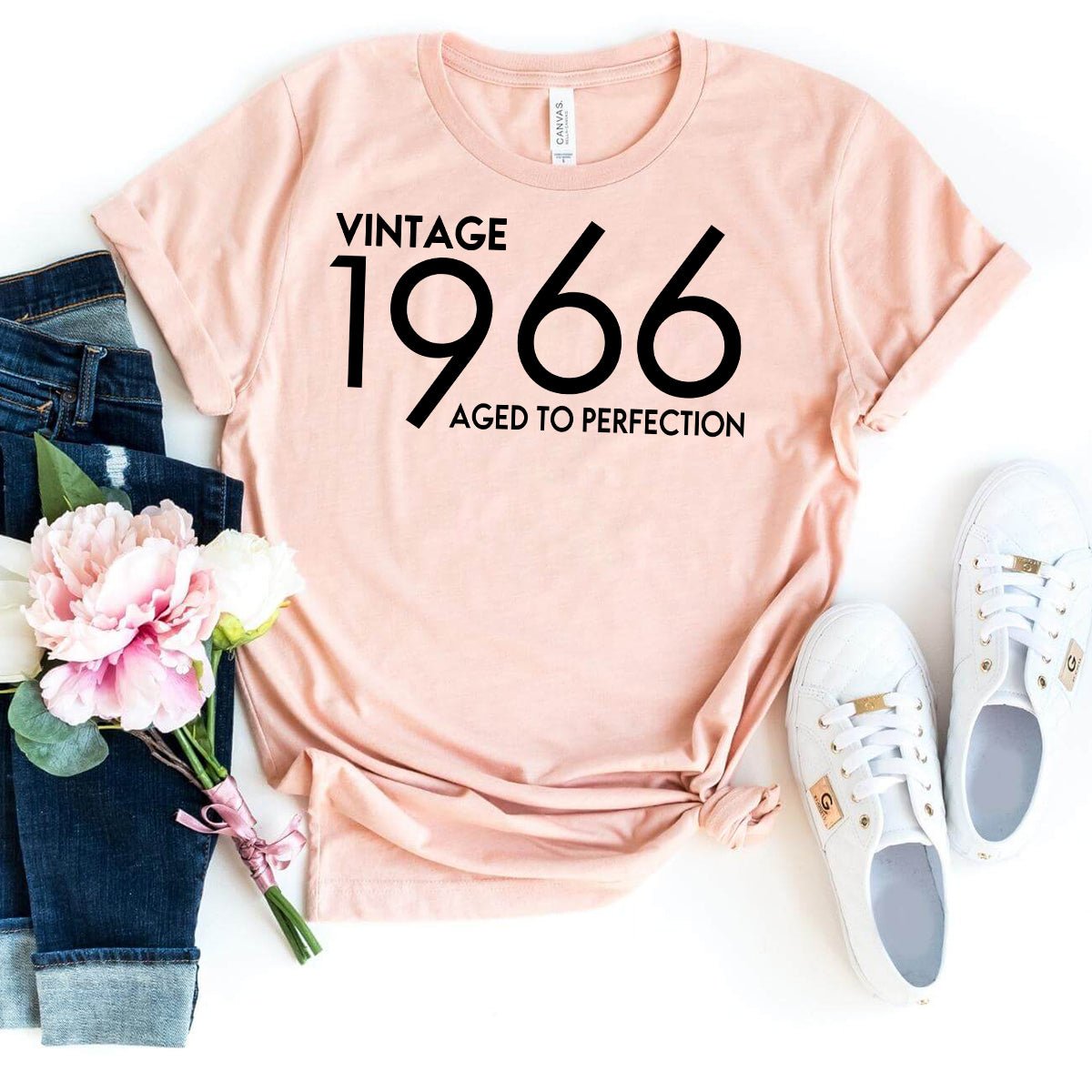 Vintage 1966 Aged to Perfection Birthday Shirt - Celebrate Your Year in Style - Bliss Birthday Shirts - Heather Peach - S