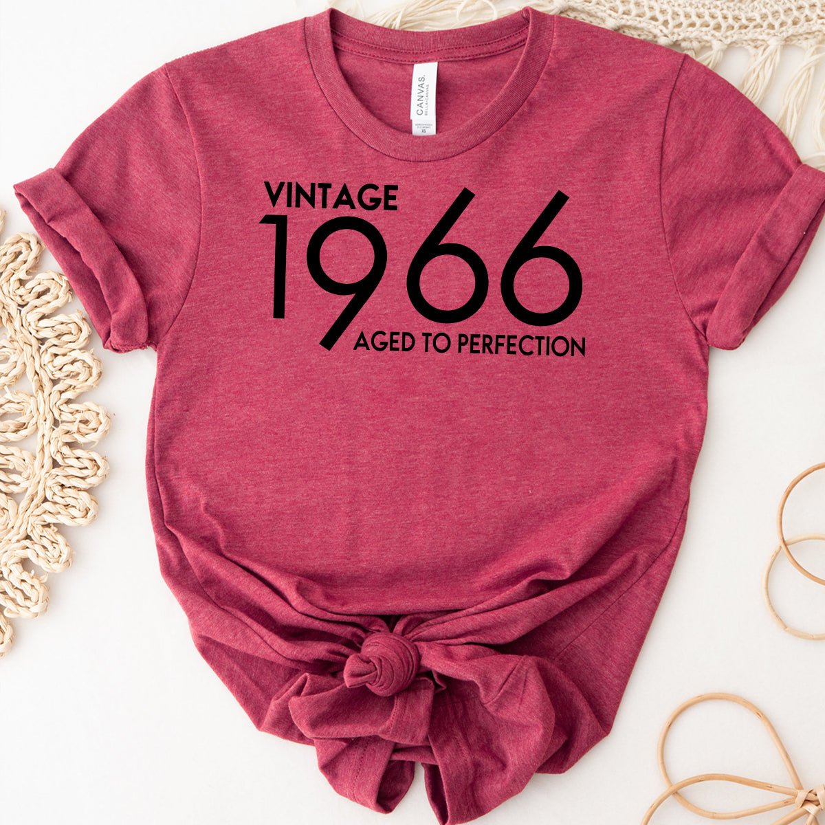 Vintage 1966 Aged to Perfection Birthday Shirt - Celebrate Your Year in Style - Bliss Birthday Shirts - Heather Raspberry - S