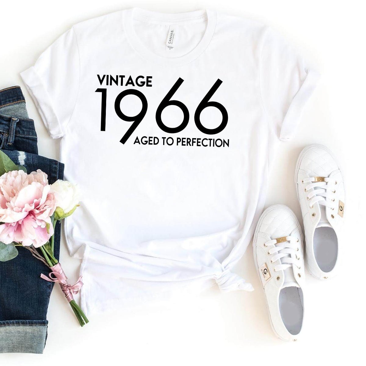 Vintage 1966 Aged to Perfection Birthday Shirt - Celebrate Your Year in Style - Bliss Birthday Shirts - White - S