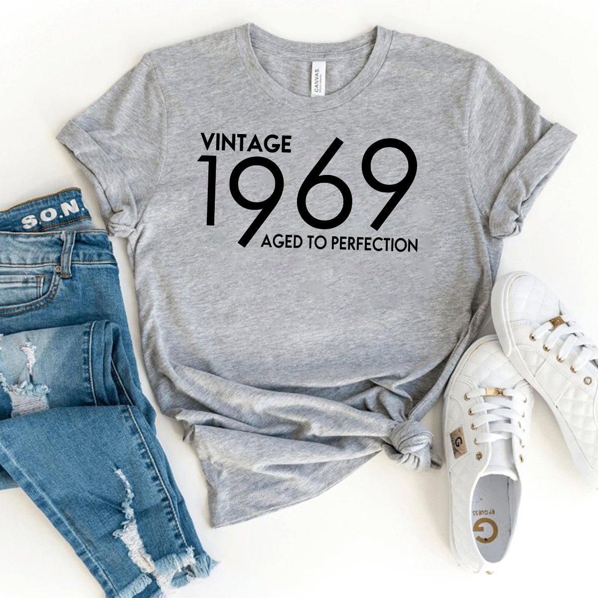 Vintage 1969 Aged to Perfection Birthday Shirt - Celebrate with Style and Elegance - Bliss Birthday Shirts - Heather Athletic - S