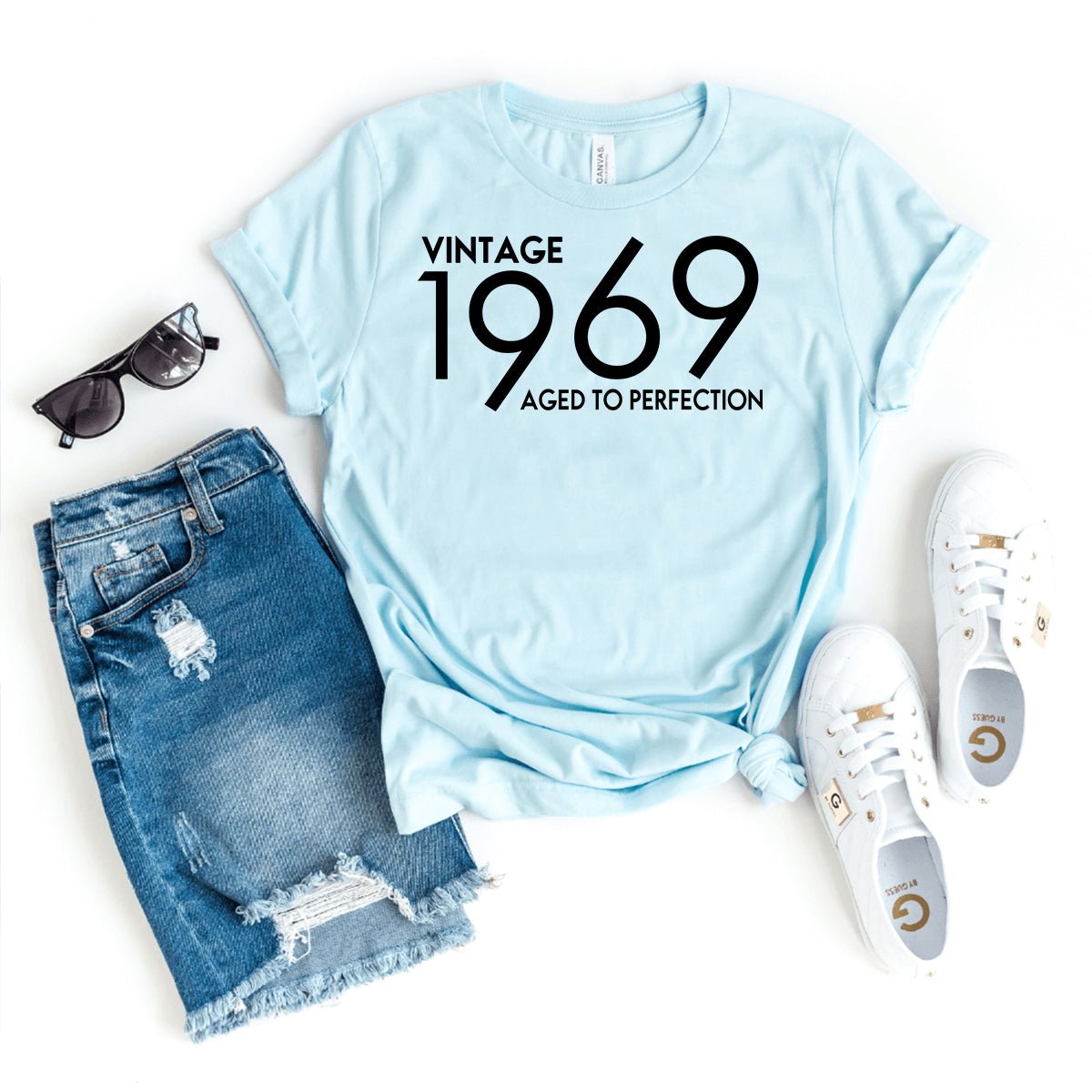 Vintage 1969 Aged to Perfection Birthday Shirt - Celebrate with Style and Elegance - Bliss Birthday Shirts - Heather Ice Blue - S