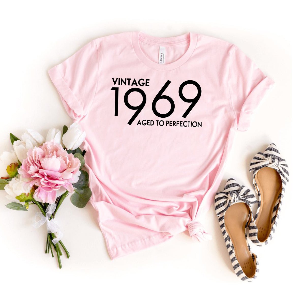 Vintage 1969 Aged to Perfection Birthday Shirt - Celebrate with Style and Elegance - Bliss Birthday Shirts - Light Pink - S