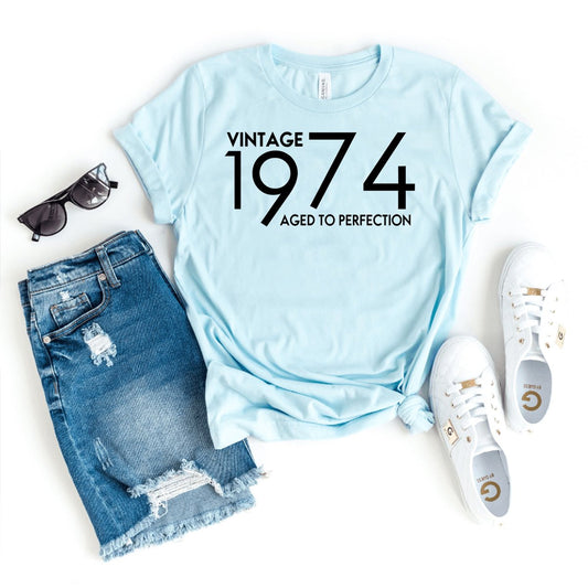 Vintage 1974 Aged to Perfection Birthday Shirt - Celebrate Your Special Day in Style - Bliss Birthday Shirts - Heather Ice Blue - S