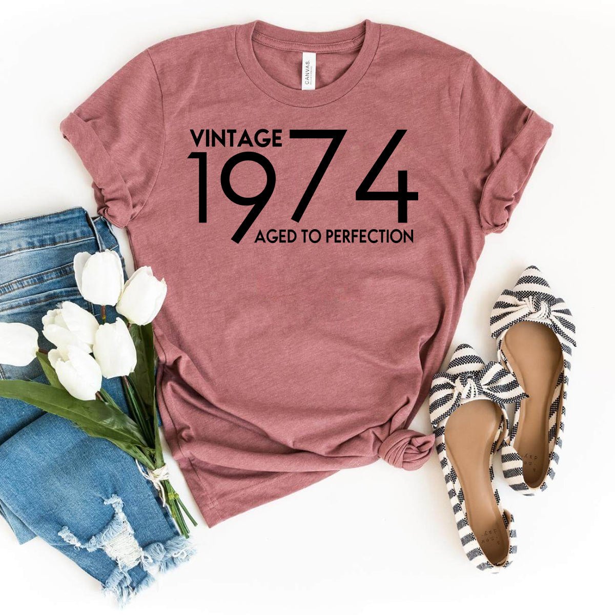 Vintage 1974 Aged to Perfection Birthday Shirt - Celebrate Your Special Day in Style - Bliss Birthday Shirts - Heather Mauve - S