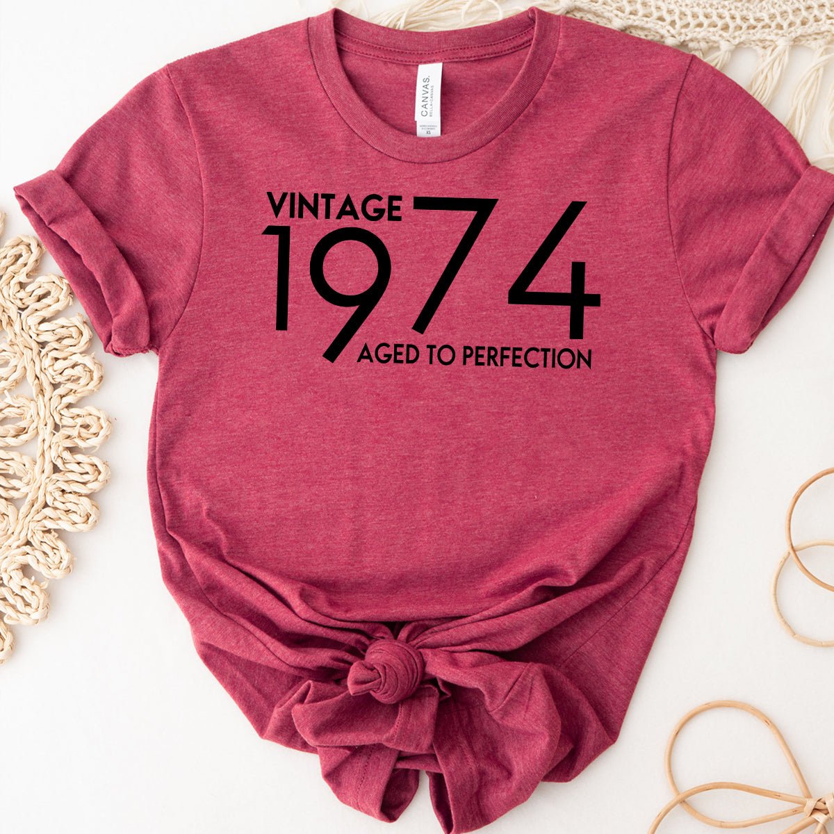 Vintage 1974 Aged to Perfection Birthday Shirt - Celebrate Your Special Day in Style - Bliss Birthday Shirts - Heather Raspberry - S