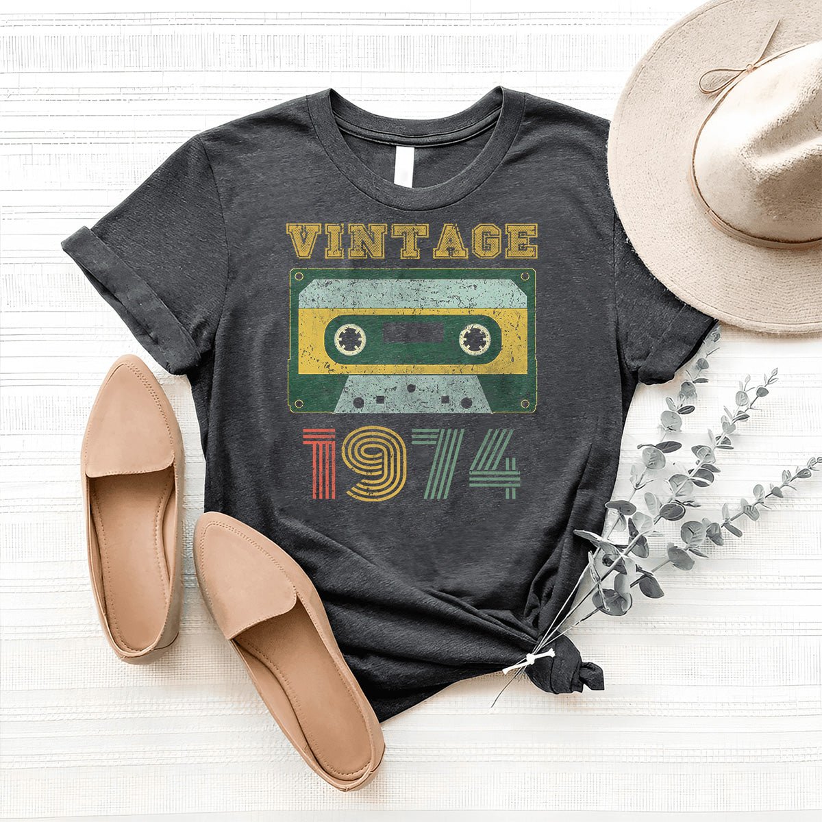 Vintage 1974 Cassette Tape 50th Birthday Shirt – Celebrate Your Milestone Year in Style - Bliss Birthday Shirts - Heather Dark Grey - S