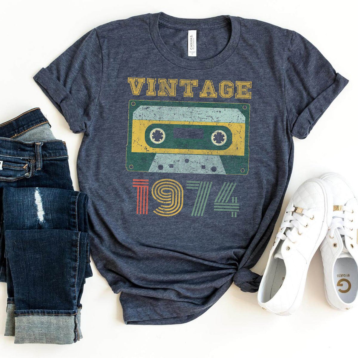 Vintage 1974 Cassette Tape 50th Birthday Shirt – Celebrate Your Milestone Year in Style - Bliss Birthday Shirts - Heather Navy - S