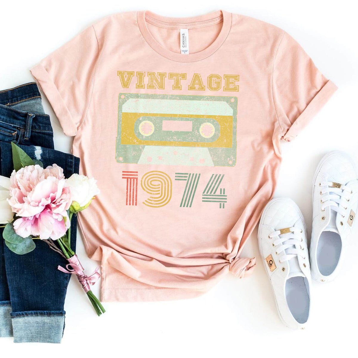 Vintage 1974 Cassette Tape 50th Birthday Shirt – Celebrate Your Milestone Year in Style - Bliss Birthday Shirts - Heather Peach - S