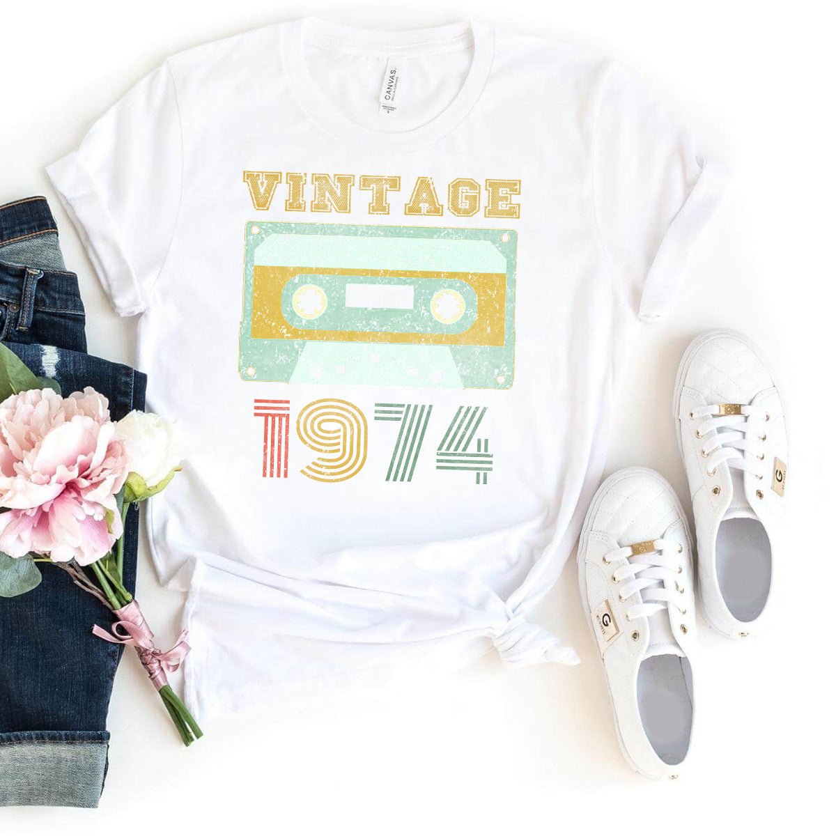 Vintage 1974 Cassette Tape 50th Birthday Shirt – Celebrate Your Milestone Year in Style - Bliss Birthday Shirts - White - S