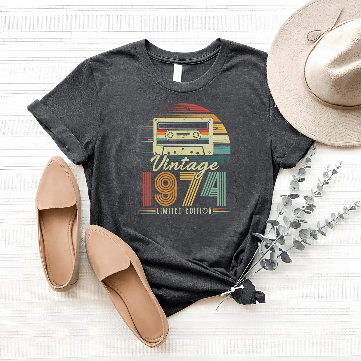 Vintage 1974 Cassette Tape 50th Shirt – Retro 50th Birthday Gift - Bliss Birthday Shirts - Heather Dark Grey - S