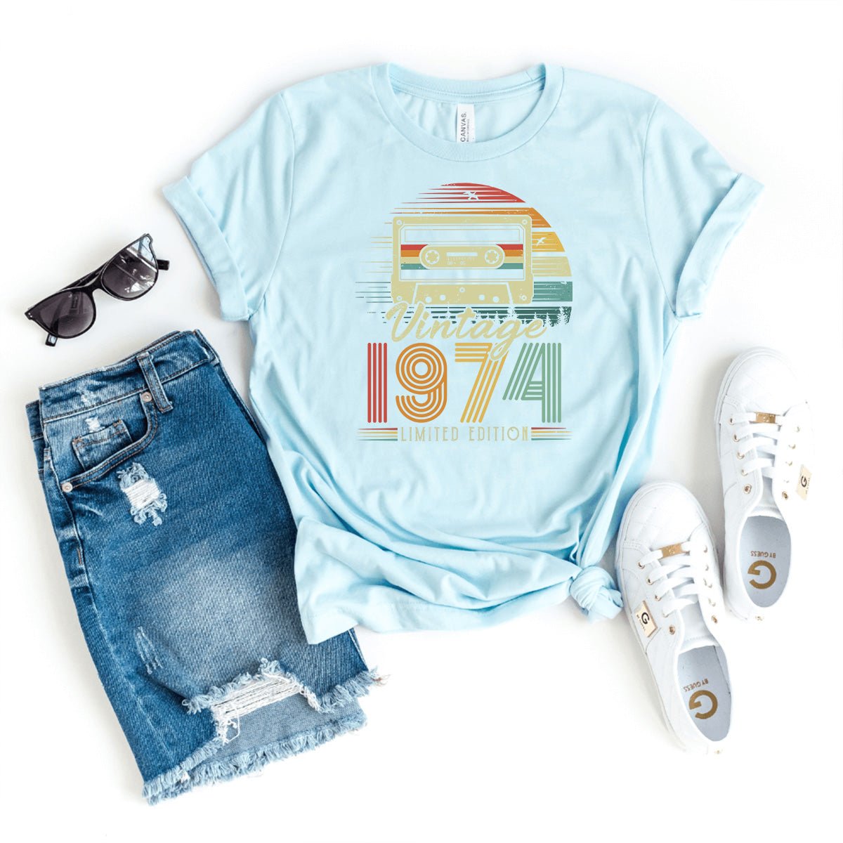 Vintage 1974 Cassette Tape 50th Shirt – Retro 50th Birthday Gift - Bliss Birthday Shirts - Heather Ice Blue - S