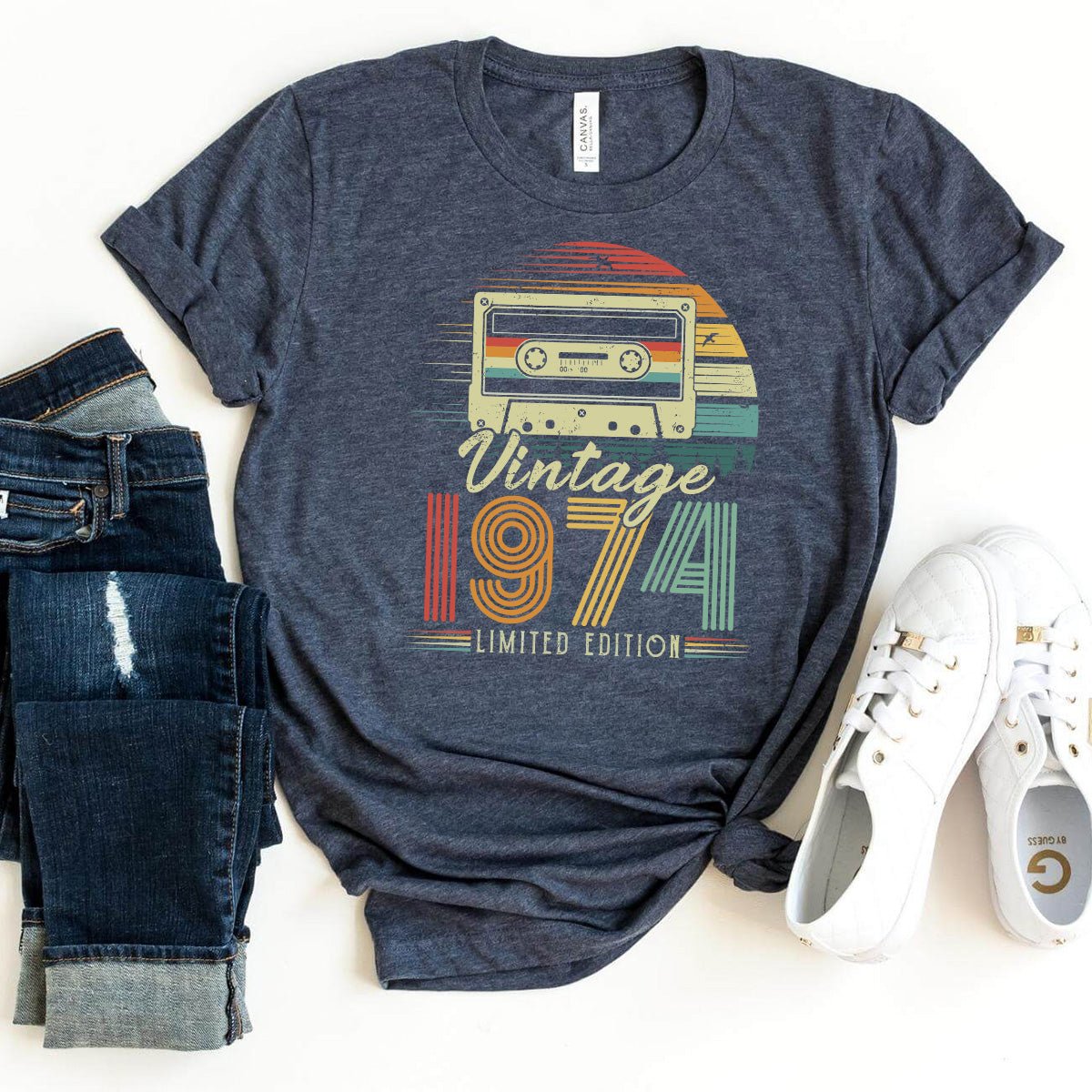 Vintage 1974 Cassette Tape 50th Shirt – Retro 50th Birthday Gift - Bliss Birthday Shirts - Heather Navy - S