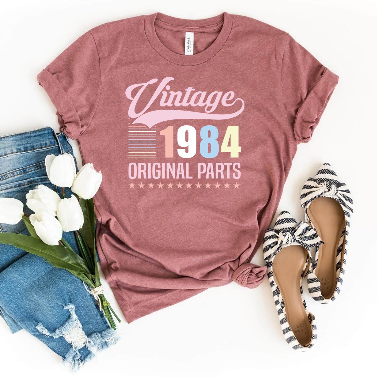 Vintage 1984 Birthday Shirt - Original Parts, New 2024 Design - Bliss Birthday Shirts - Heather Mauve - S