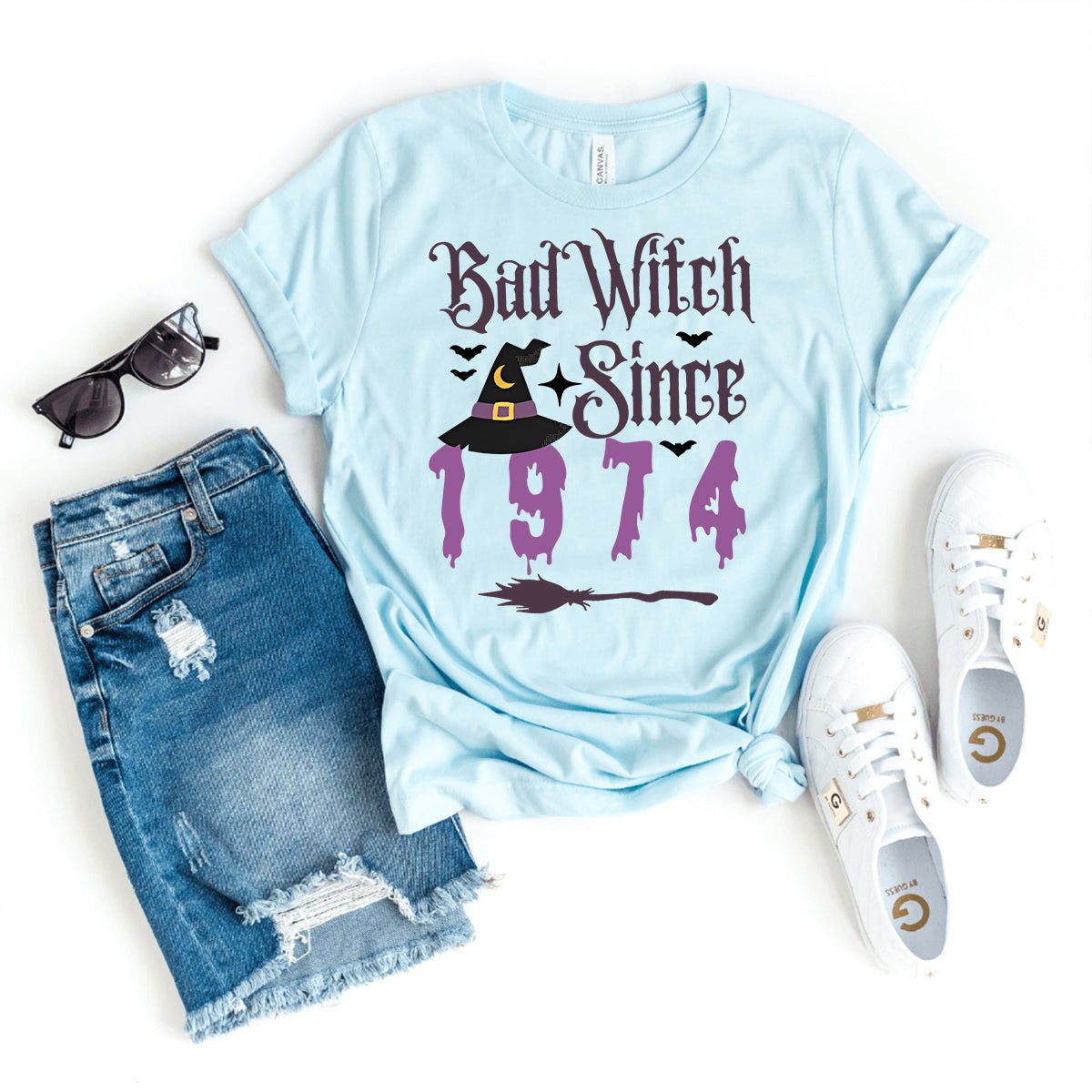 Vintage Bad Witch Shirt Since 1974 – Perfect 50th Birthday Gift - Bliss Birthday Shirts - Heather Ice Blue - S