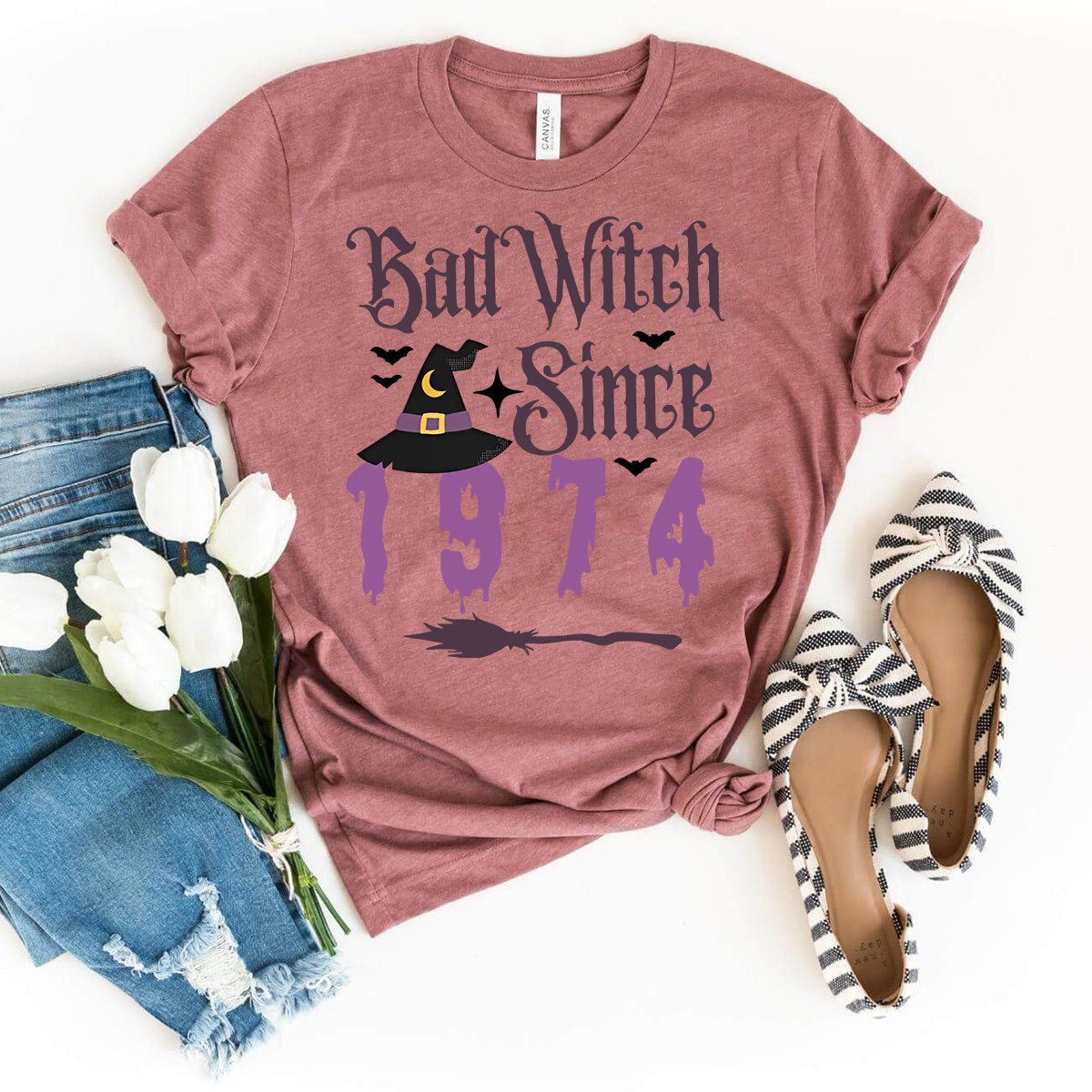 Vintage Bad Witch Shirt Since 1974 – Perfect 50th Birthday Gift - Bliss Birthday Shirts - Heather Mauve - S