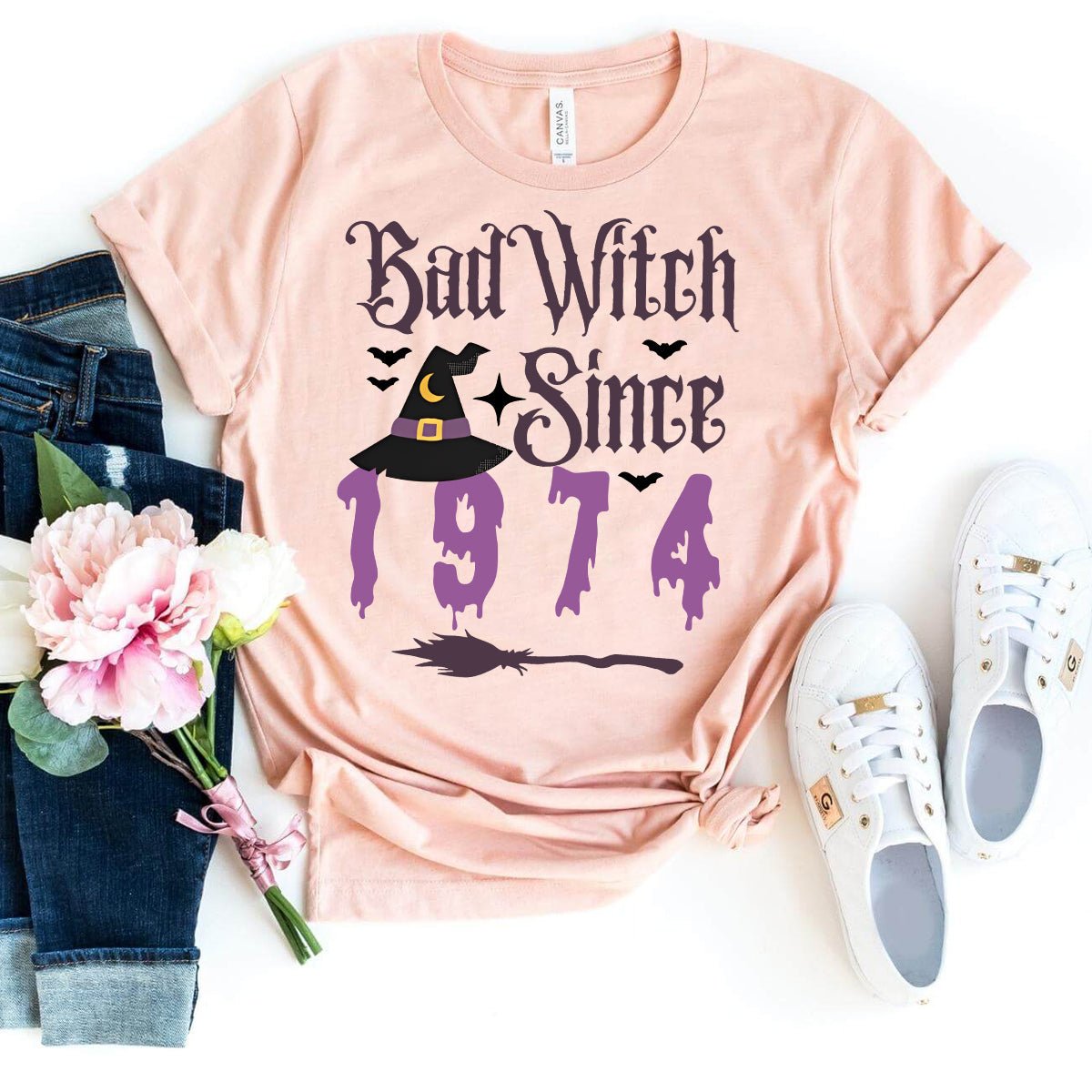 Vintage Bad Witch Shirt Since 1974 – Perfect 50th Birthday Gift - Bliss Birthday Shirts - Heather Peach - S