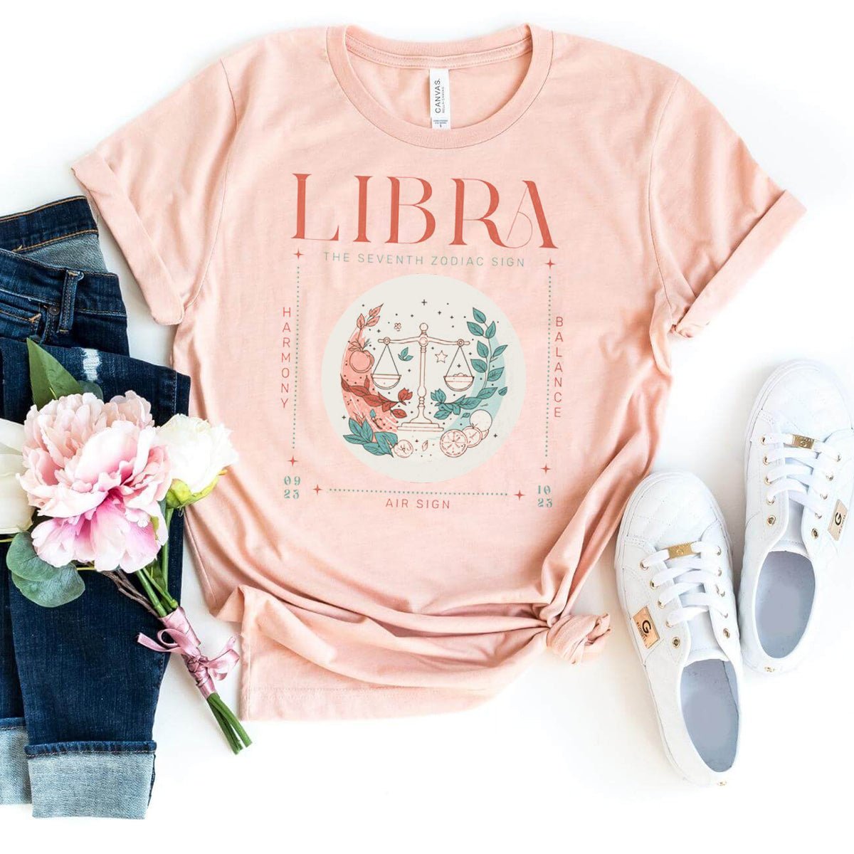 Vintage Celestial Libra Birthday Shirt – Trendy Oversized Astrology Tee - Bliss Birthday Shirts - Heather Peach - S